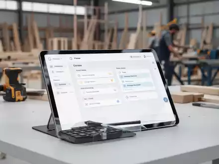 Ein digitales Tablet mit einer minimalistischen Zeitmanagement-Software auf einer Werkbank in einem Handwerksbetrieb. - Foto: über boerse-global.de