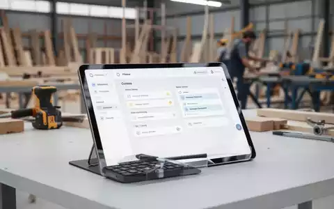 Ein digitales Tablet mit einer minimalistischen Zeitmanagement-Software auf einer Werkbank in einem Handwerksbetrieb. - Foto: über boerse-global.de