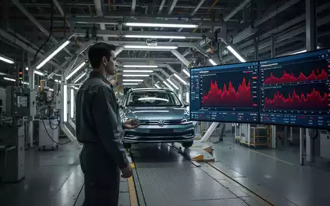 Ein Arbeiter in einer modernen Volkswagen-Produktionshalle vor einem digitalen Dashboard mit fallenden Finanzkennzahlen. - Foto: über boerse-global.de