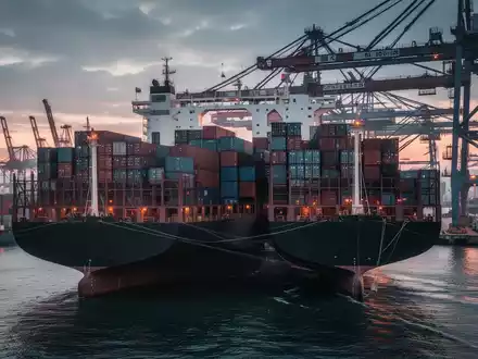 Ein großes Containerschiff in einem internationalen Hafen bei Sonnenuntergang als Symbol für den globalen Handel. - Foto: über boerse-global.de