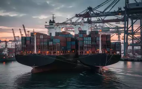 Ein großes Containerschiff in einem internationalen Hafen bei Sonnenuntergang als Symbol für den globalen Handel. - Foto: über boerse-global.de