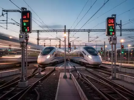 Moderner Hochgeschwindigkeitszug fährt durch einen beleuchteten digitalen Schienenknotenpunkt bei Dämmerung. - Foto: über boerse-global.de