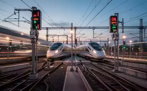 Moderner Hochgeschwindigkeitszug fährt durch einen beleuchteten digitalen Schienenknotenpunkt bei Dämmerung. - Foto: über boerse-global.de