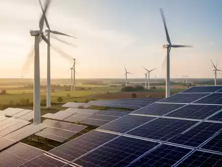 Moderne Windkraftanlagen und Solarpaneele in einer weitläufigen Landschaft bei Sonnenuntergang. - Foto: über boerse-global.de