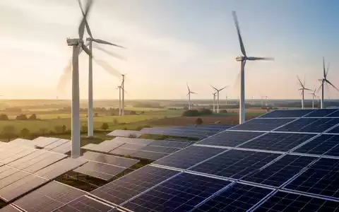 Moderne Windkraftanlagen und Solarpaneele in einer weitläufigen Landschaft bei Sonnenuntergang. - Foto: über boerse-global.de