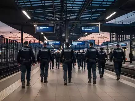 Bundespolizisten patrouillieren auf einem modernen deutschen Hauptbahnhof während eines Sicherheitseinsatzes. - Foto: über boerse-global.de