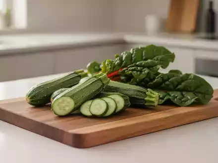 Frisches Gemüse wie Gurken, Zucchini und Mangold auf einem hölzernen Schneidebrett als Symbol für gesunde Ernährung. - Foto: über boerse-global.de