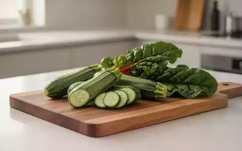 Frisches Gemüse wie Gurken, Zucchini und Mangold auf einem hölzernen Schneidebrett als Symbol für gesunde Ernährung. - Foto: über boerse-global.de