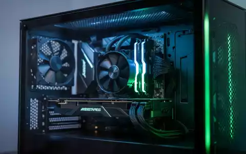 Hochleistungs-Gaming-PC-Innenleben mit blauer und grüner Ambientebeleuchtung, Fokus auf Grafikkarten-Hardware. - Foto: über boerse-global.de