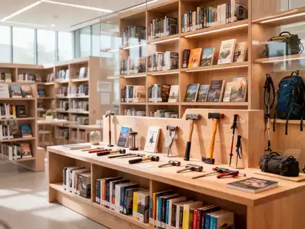 Moderne Bibliotheksregale mit einer Mischung aus Büchern und Leihgegenständen wie Werkzeugen und Outdoor-Ausrüstung. - Foto: über boerse-global.de