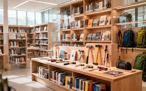 Moderne Bibliotheksregale mit einer Mischung aus Büchern und Leihgegenständen wie Werkzeugen und Outdoor-Ausrüstung. - Foto: über boerse-global.de