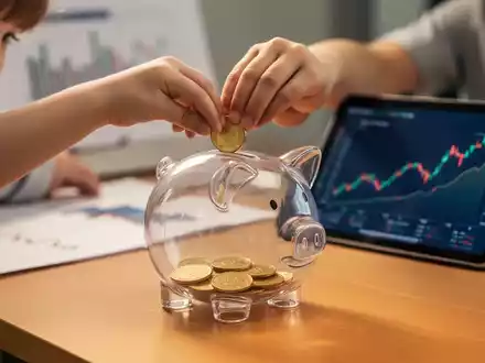 Ein Kind steckt eine Münze in ein Sparschwein, im Hintergrund sind Finanzdiagramme auf einem Tablet zu sehen. - Foto: über boerse-global.de