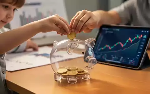 Ein Kind steckt eine Münze in ein Sparschwein, im Hintergrund sind Finanzdiagramme auf einem Tablet zu sehen. - Foto: über boerse-global.de