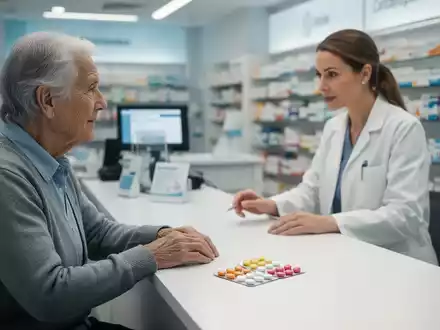Ein Apotheker berät einen älteren Patienten bei der Medikamentenauswahl an einem modernen Apothekentresen. - Foto: über boerse-global.de
