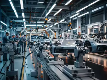 Moderne Produktionshalle eines Sportwagenherstellers mit Fokus auf Fertigungsanlagen und industrieller Atmosphäre. - Foto: über boerse-global.de