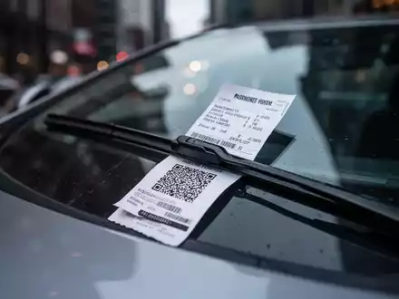 Ein gefälschter Strafzettel mit QR-Code klemmt unter einem Scheibenwischer an einem Auto. - Foto: über boerse-global.de