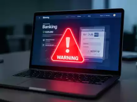 Ein Laptop-Bildschirm zeigt eine digitale Banking-Oberfläche mit einer roten Warnmeldung vor Phishing-Betrug. - Foto: über boerse-global.de