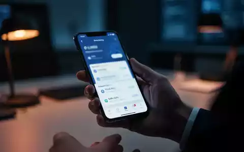 Nahaufnahme eines Smartphones mit einer Banking-App in einer dunklen Büroumgebung zur Veranschaulichung von Phishing-Gefahren. - Foto: über boerse-global.de