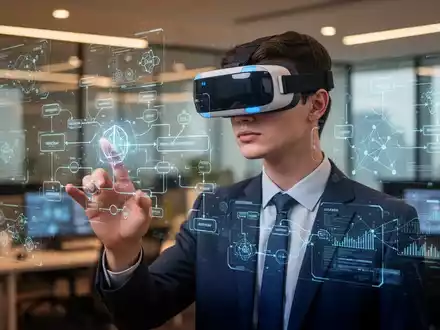 Eine junge Fachkraft mit VR-Brille interagiert in einem modernen Büro mit holografischen Datenvisualisierungen. - Foto: über boerse-global.de