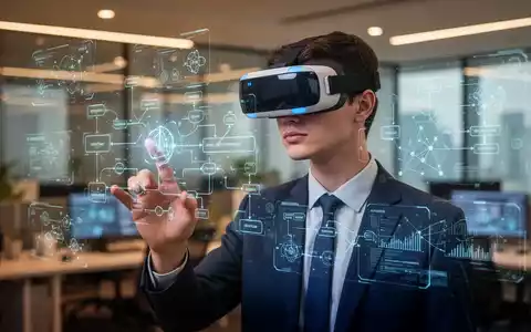 Eine junge Fachkraft mit VR-Brille interagiert in einem modernen Büro mit holografischen Datenvisualisierungen. - Foto: über boerse-global.de