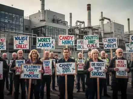 Arbeitnehmer bei einem Streik vor einer Fabrik der deutschen Süßwarenindustrie mit Protestschildern. - Foto: über boerse-global.de