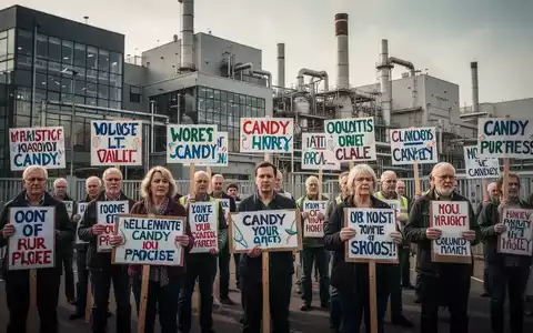 Arbeitnehmer bei einem Streik vor einer Fabrik der deutschen Süßwarenindustrie mit Protestschildern. - Foto: über boerse-global.de