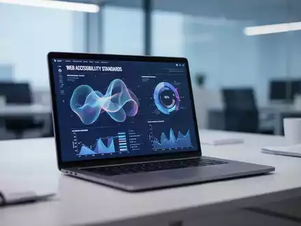 Laptop mit Datenvisualisierung zur digitalen Barrierefreiheit in einem modernen, minimalistischen Büro. - Foto: über boerse-global.de