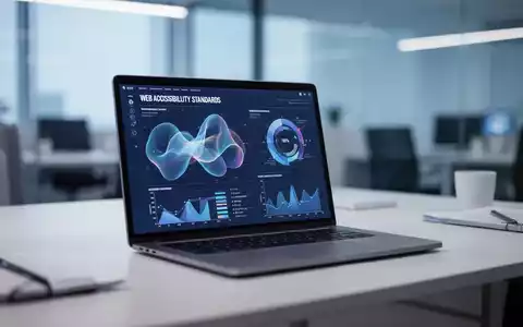 Laptop mit Datenvisualisierung zur digitalen Barrierefreiheit in einem modernen, minimalistischen Büro. - Foto: über boerse-global.de