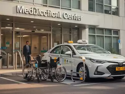 Ein Taxi wartet vor dem Eingang eines medizinischen Versorgungszentrums, um die barrierefreie Beförderung zu symbolisieren. - Foto: über boerse-global.de