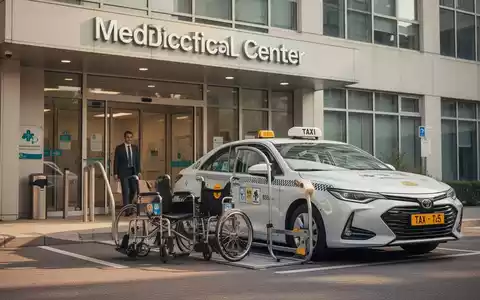 Ein Taxi wartet vor dem Eingang eines medizinischen Versorgungszentrums, um die barrierefreie Beförderung zu symbolisieren. - Foto: über boerse-global.de