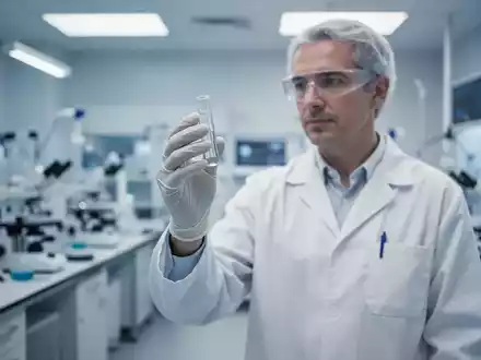 Ein Wissenschaftler in einem modernen Labor hält ein medizinisches Fläschchen vor einem verschwommenen klinischen Hintergrund. - Foto: über boerse-global.de