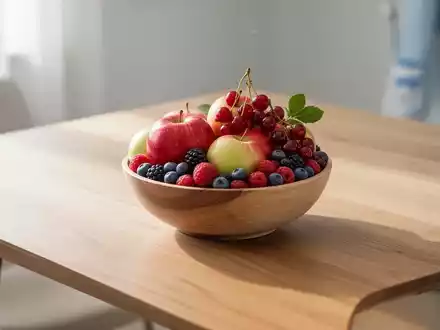 Eine Schale mit frischen Äpfeln und Beeren auf einem Holztisch als Symbol für nierenfreundliche Ernährung. - Foto: über boerse-global.de
