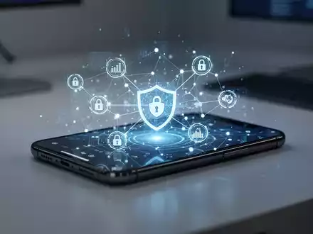Abstraktes digitales Netzwerk und Datenschutzsymbole auf einem Smartphone-Bildschirm in einer professionellen Büroumgebung. - Foto: über boerse-global.de