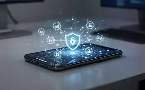 Abstraktes digitales Netzwerk und Datenschutzsymbole auf einem Smartphone-Bildschirm in einer professionellen Büroumgebung. - Foto: über boerse-global.de