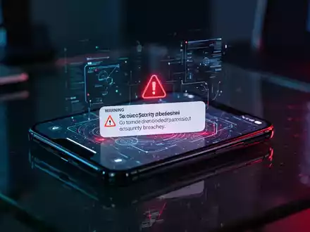 Ein Smartphone mit einer Sicherheitswarnung auf dem Display vor dem Hintergrund eines dunklen, technisch modernen Büros. - Foto: über boerse-global.de