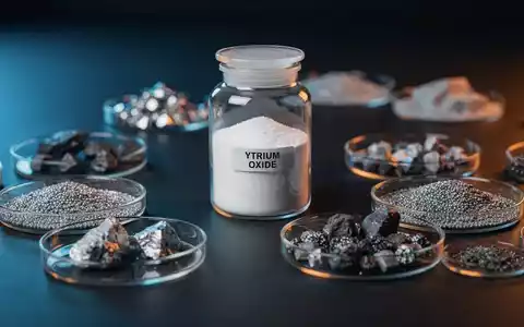 Nahaufnahme von Seltenerdmineralien und Yttriumoxid-Pulver in Glasfläschchen auf einem Labortisch. - Foto: über boerse-global.de