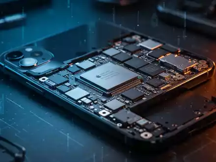Nahaufnahme eines zerlegten iPhone-Motherboards auf einem dunklen Arbeitstisch in einer professionellen IT-Umgebung. - Foto: über boerse-global.de
