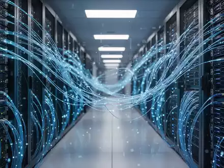 Moderner Serverraum mit leuchtend blauer Glasfasertechnologie, die Cloud-Dateninfrastruktur und KI-Integration darstellt. - Foto: über boerse-global.de