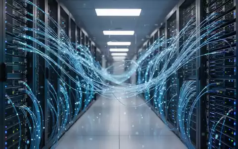 Moderner Serverraum mit leuchtend blauer Glasfasertechnologie, die Cloud-Dateninfrastruktur und KI-Integration darstellt. - Foto: über boerse-global.de