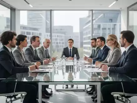 Professionelle AtmosphĂ€re bei einem FachkrĂ€fte-Summit mit einer Gruppe von GeschĂ€ftsleuten im GesprĂ€ch. - Foto: ĂŒber boerse-global.de