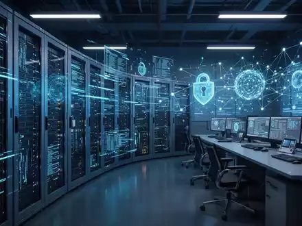 Digitale Netzwerkgrafiken und Server-Infrastruktur in einem modernen Industrie-Kontrollzentrum zur Darstellung von Cybersicherheit. - Foto: über boerse-global.de