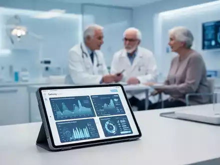 Modernes Tablet mit KI-Gesundheitsplattform in einer Arztpraxis, die eine digitale Patientensteuerung zeigt. - Foto: über boerse-global.de