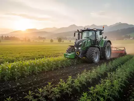 Ein moderner Traktor auf einem fruchtbaren Acker in einer bayerischen Agrarlandschaft bei Sonnenaufgang. - Foto: über boerse-global.de