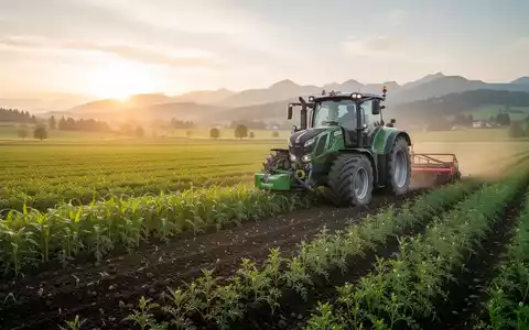 Ein moderner Traktor auf einem fruchtbaren Acker in einer bayerischen Agrarlandschaft bei Sonnenaufgang. - Foto: über boerse-global.de