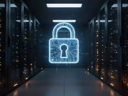 Ein leuchtendes digitales Vorhängeschloss vor einem verschwommenen Serverraum als Symbol für Cybersicherheit. - Foto: über boerse-global.de