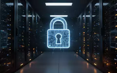 Ein leuchtendes digitales Vorhängeschloss vor einem verschwommenen Serverraum als Symbol für Cybersicherheit. - Foto: über boerse-global.de