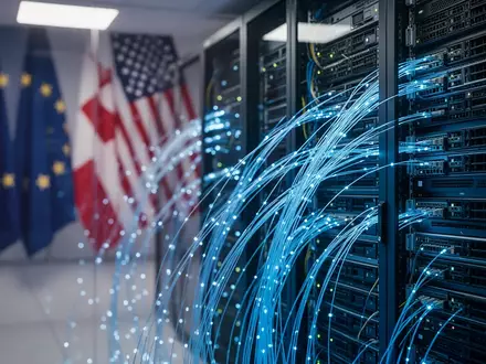Serverraum mit Glasfaserkabeln und angedeuteten EU- und US-Flaggen im Hintergrund als Symbol für den Handelskonflikt. - Foto: über boerse-global.de
