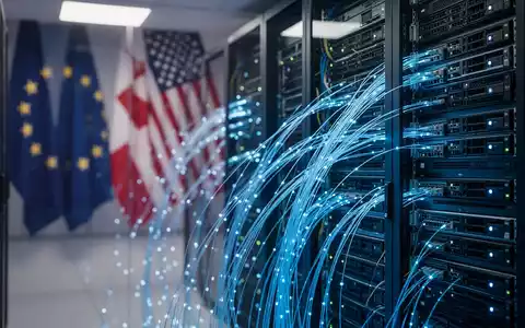 Serverraum mit Glasfaserkabeln und angedeuteten EU- und US-Flaggen im Hintergrund als Symbol für den Handelskonflikt. - Foto: über boerse-global.de