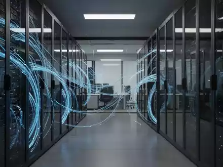 Modernes Serverraum-Ambiente mit leuchtenden Glasfaserkabeln zur Visualisierung von Cybersicherheit und KI-Risiken. - Foto: über boerse-global.de
