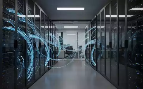 Modernes Serverraum-Ambiente mit leuchtenden Glasfaserkabeln zur Visualisierung von Cybersicherheit und KI-Risiken. - Foto: über boerse-global.de